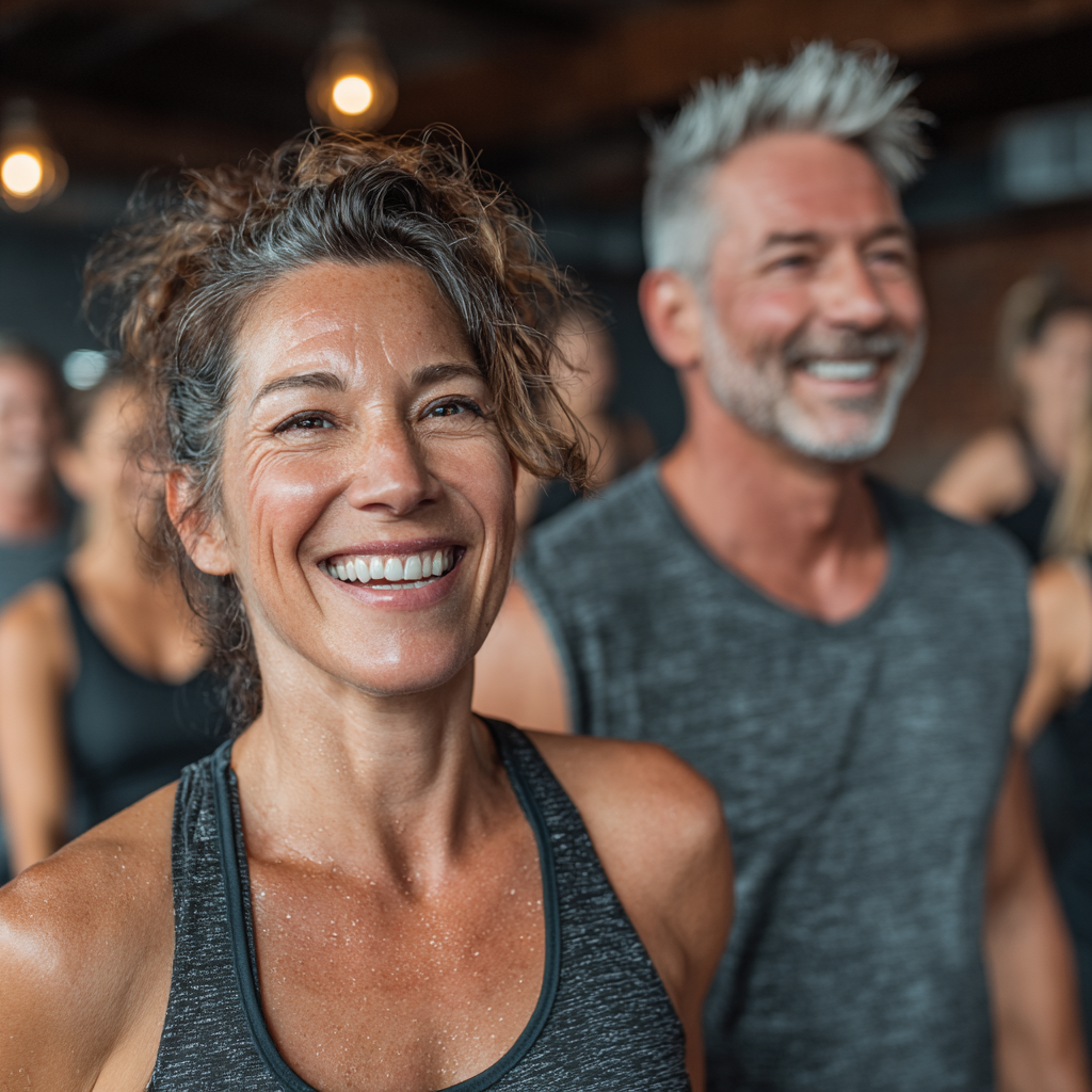 Group of active middle-aged people in their 40s and 50s participating in energetic group fitness class together, showing teamwork and motivation