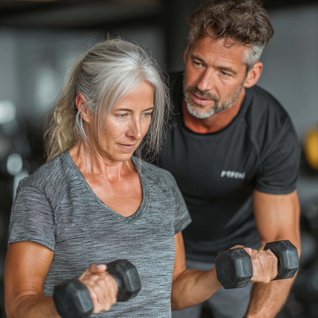 Professional fitness trainer working with mature woman in her 50s during personalized strength training session, showing proper exercise form and technique